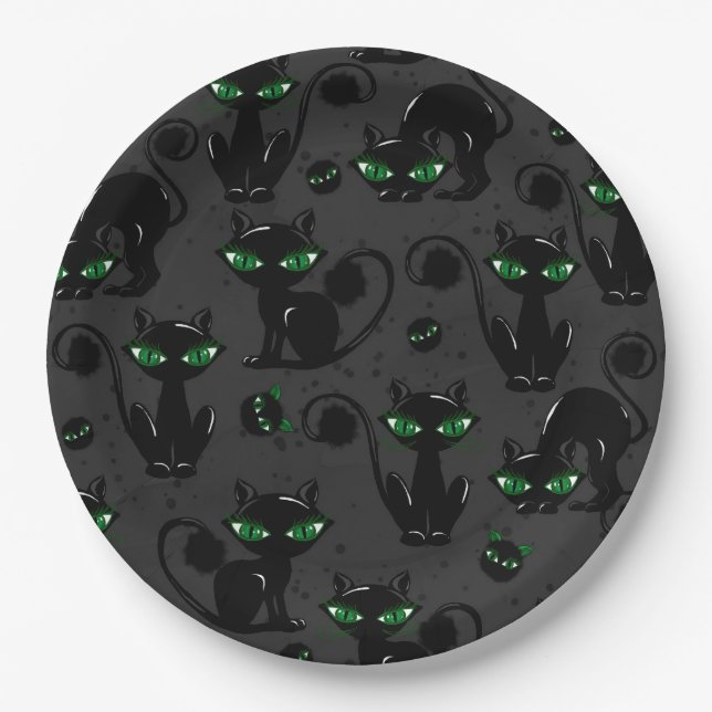 ASSIETTES EN CARTON CHATS À HALLOWEEN NOIR AVEC LES YEUX VERTS (Devant)