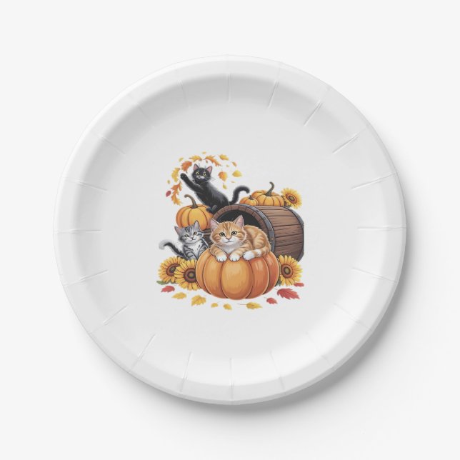 Assiettes En Carton Chats Automne Citrouilles Thanksgiving Sunflower O (Devant)