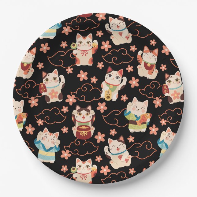 Assiettes En Carton Chats chanceux Maneki Neko (Devant)