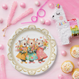 Assiettes En Carton Chats chantants tenant des bouquets