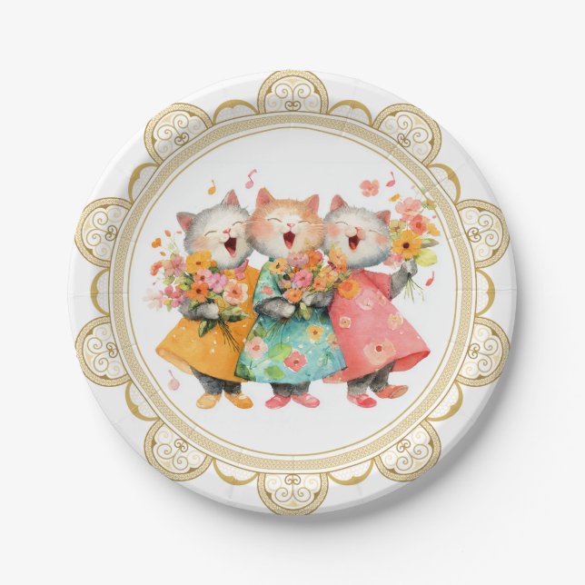 Assiettes En Carton Chats chantants tenant des bouquets (Devant)