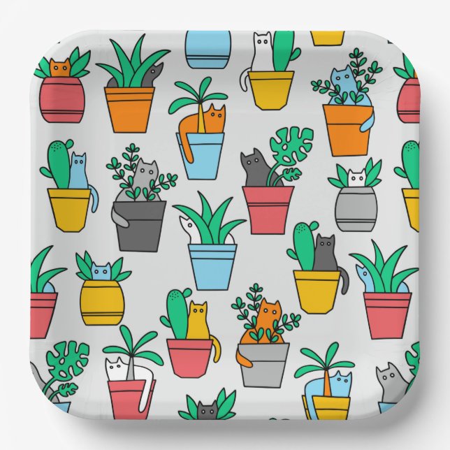 Assiettes En Carton Chats dans les pots à fleurs (Recto)