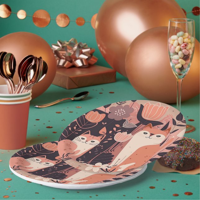 Assiettes En Carton Chats de style Boho et Fleurs rose fête d'annivers (Multi)