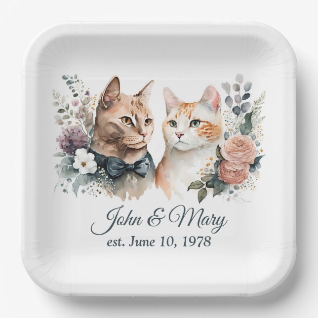 Assiettes En Carton Chats mariages Anniversaires Sur Blanc (Recto)