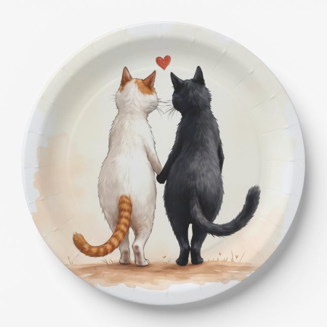 Assiettes En Carton Chats romantiques au coeur rouge (Devant)