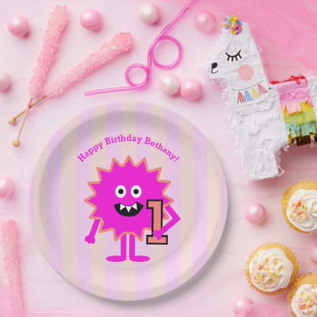 Assiettes En Carton Chaud rose Monster Girl 1er anniversaire mignonne  (Fête)