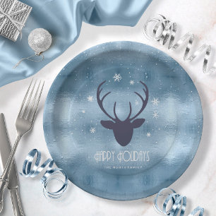 Assiettes En Carton Chauffeurs de cerfs Silhouette & Snowflakes Blue I