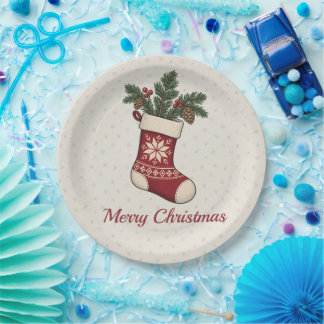 Assiettes En Carton Chaussette de Noël nordique avec pin et baies