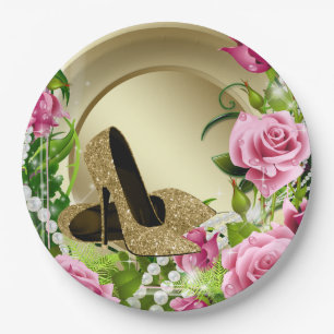 Assiettes En Carton Chaussure à talon haut Rose Or Chaussure Perle Fêt