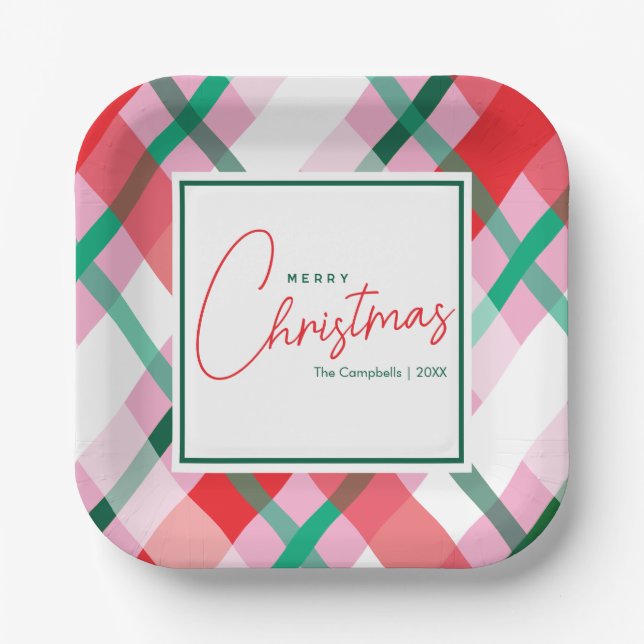 Assiettes En Carton Cheerful Red Green Pink Christmas Plaid (Recto)