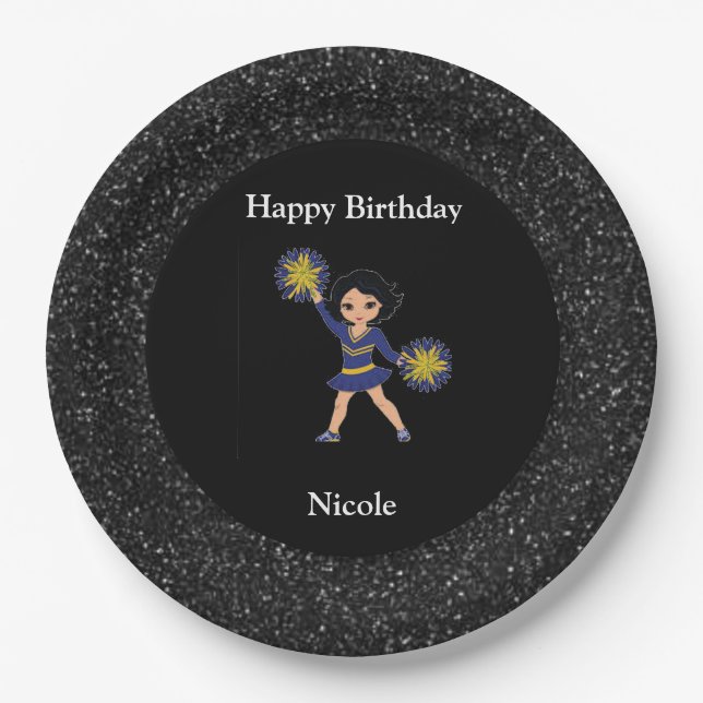 Assiettes En Carton Cheerleader "Joyeux Anniversaire" Black Sparkle (Devant)
