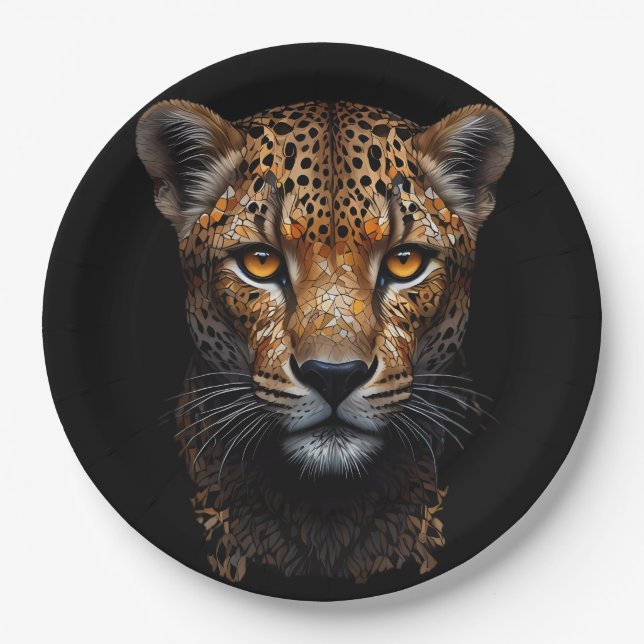 Assiettes En Carton Cheetah Portrait sur noir (Devant)