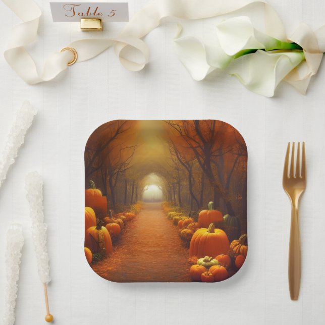 Assiettes En Carton Chemin citrouille Belle scène d'automne (Mariage)