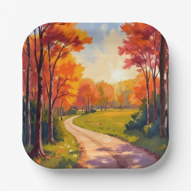 Assiettes En Carton Chemin d'Automne | Feuillage Rouge Paysage Naturel (Recto)