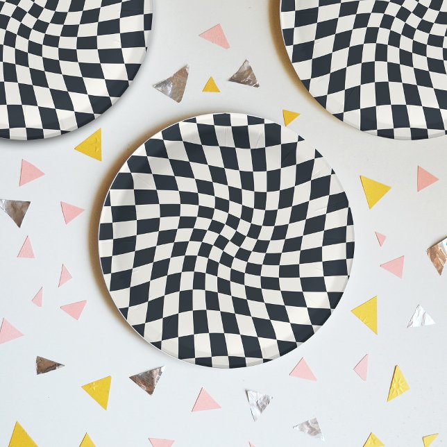 Assiettes En Carton Chèques noires rétro en blanc déformées À damiers (Créateur téléchargé)