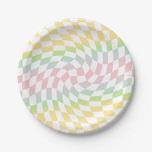 Assiettes En Carton Chèques Pastel Arc-en-ciel rétro en damier dépoli