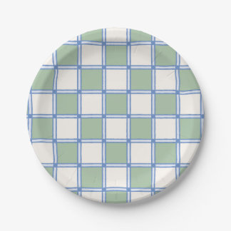 Assiettes En Carton Chèques peints en bleu pastel et vert