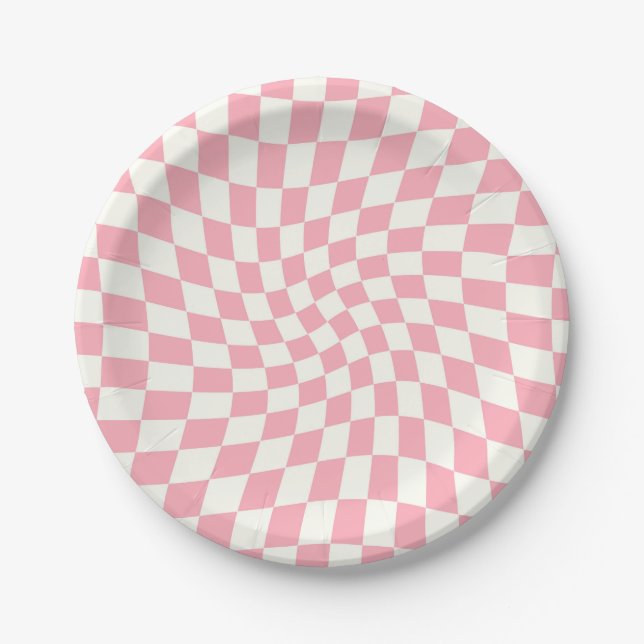 Assiettes En Carton Chèques Retro Pastel Pink Bébé en damier Warped (Devant)