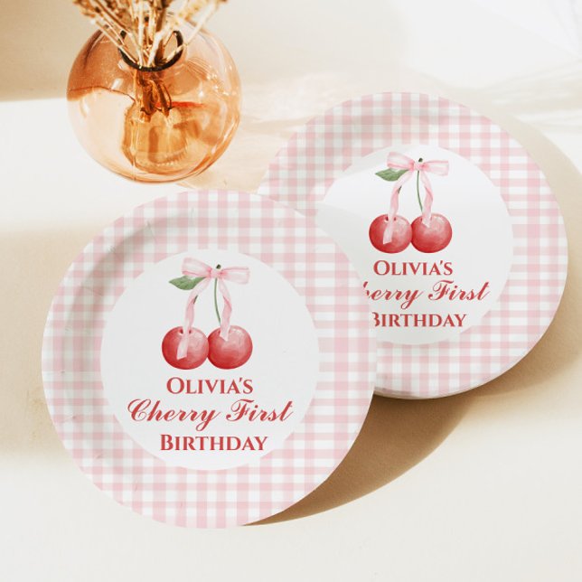 Assiettes En Carton Chercher premier anniversaire Pink Bow En vichy (Créateur téléchargé)