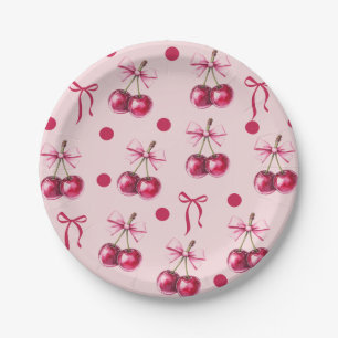Assiettes En Carton Cherry Pastel Pink & Red Bow Anniversaire
