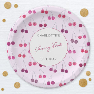 Assiettes En Carton Cherry Premier Anniversaire Personnalisé Aquarelle