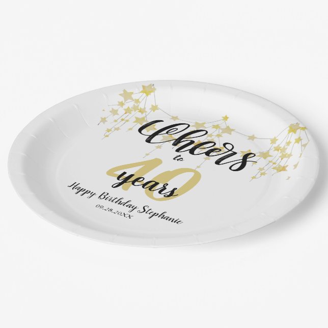 Assiettes En Carton CHERS D'Anniversaire À # ANS Black Gold Stars Scri (Angle)