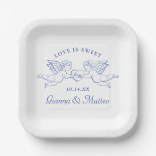 Assiettes En Carton Chérubins tenant un cœur couple Cupidons initiales