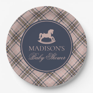 Assiettes En Carton Cheval à Bascule à Carreaux Tartan Rose pour Baby