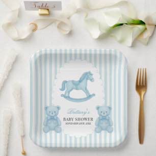 Assiettes En Carton Cheval à rocher Preppy Ours Baby shower bleu