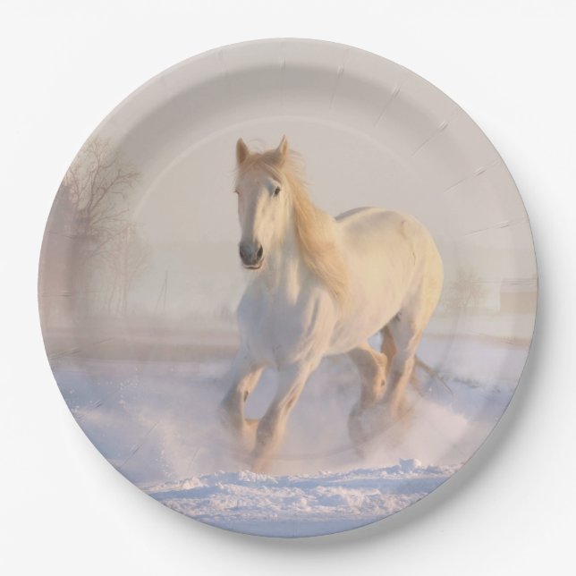 Assiettes En Carton cheval blanc dans la neige (Devant)