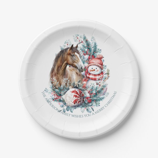 Assiettes En Carton Cheval bonhomme de neige aquarelle de Noël élégant (Devant)