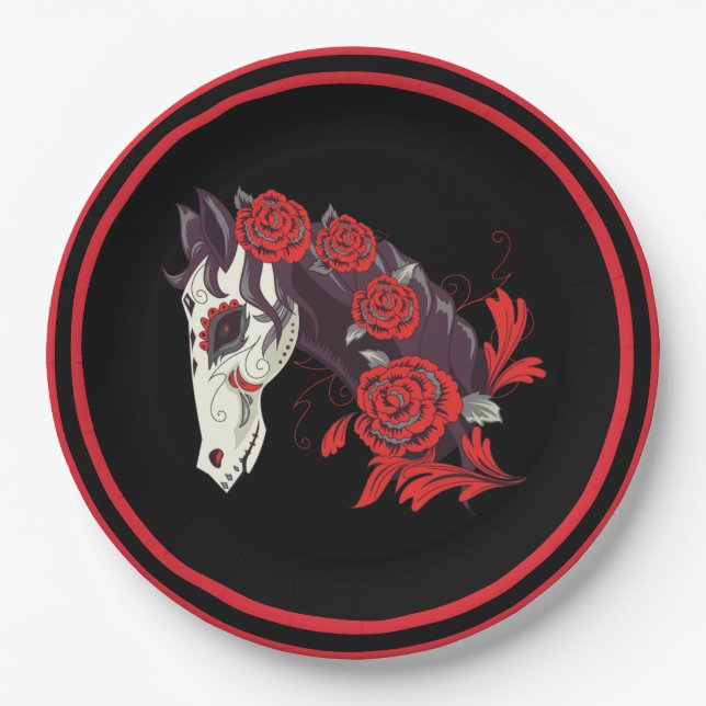 Assiettes En Carton Cheval crâne avec Roses Rouges Dias de los Muertos (Devant)