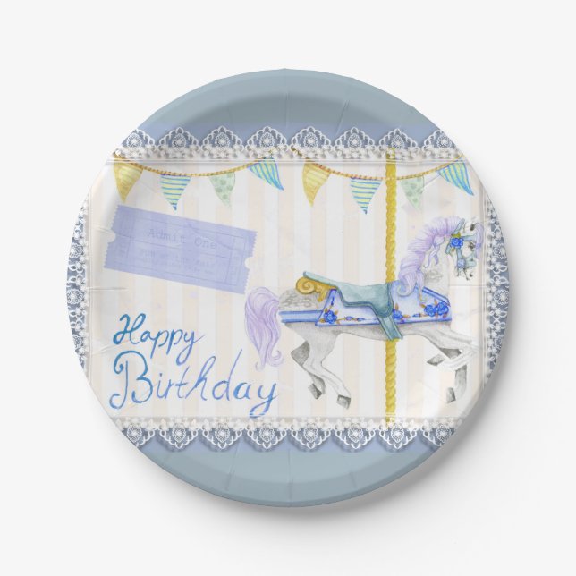 Assiettes En Carton Cheval de Carrousel (bleu) Anniversaire  (Devant)