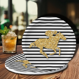 Assiettes En Carton Cheval de course d'or sur bandes noir et blanc