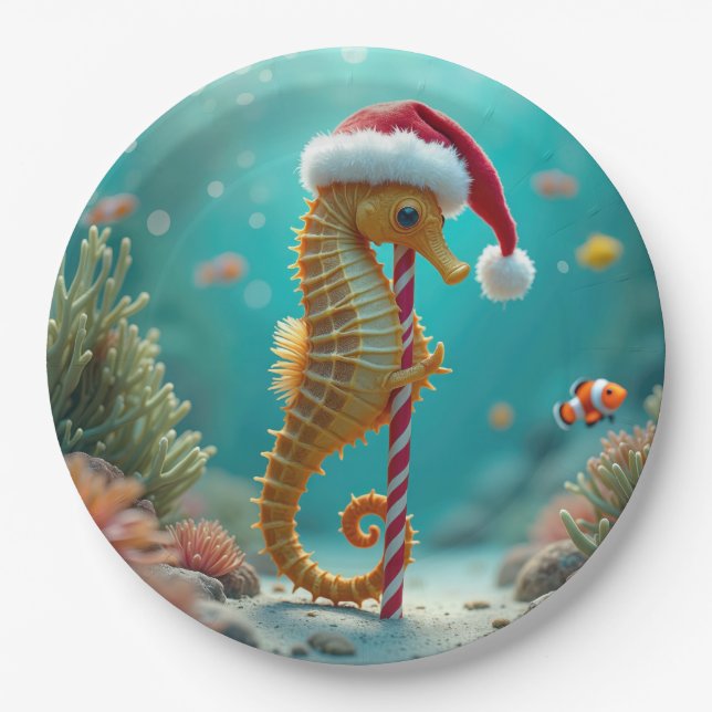 Assiettes En Carton Cheval de mer de Noël avec Sucre de canne (Devant)