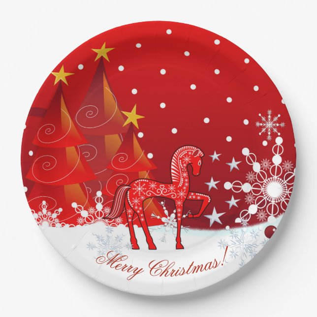 Assiettes En Carton Cheval de Noël, flocons de neige, arbres et texte (Devant)