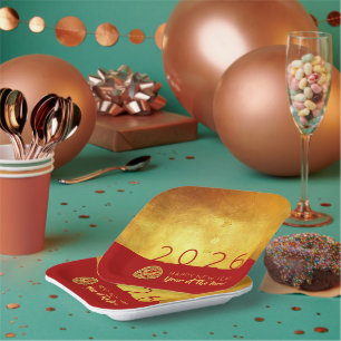 Assiettes En Carton Cheval de Nouvel An Chinois 2026 Red Gold SqPP
