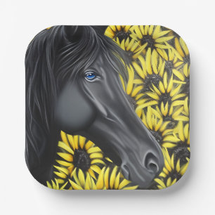 Assiettes En Carton Cheval et tournesols de l'étalon noir