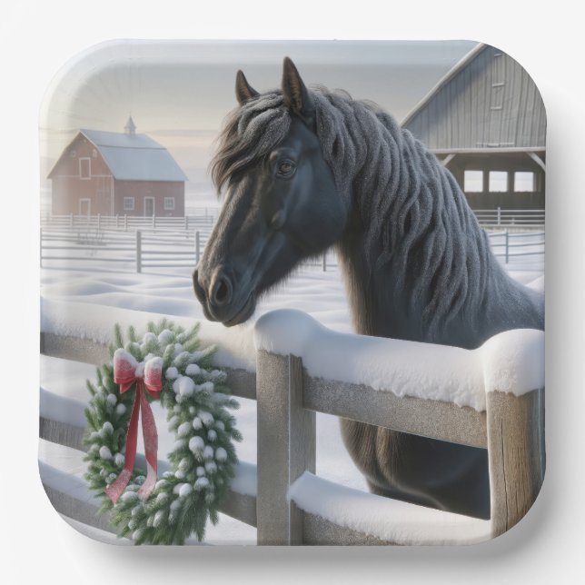 Assiettes En Carton Cheval noir avec une couronne de Noël enneigée (Recto)