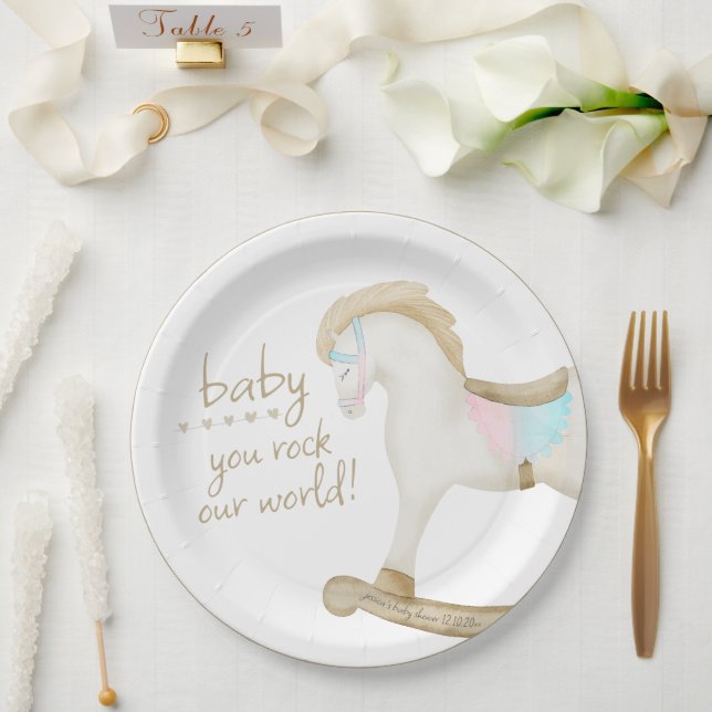 Assiettes En Carton Cheval Rocher bleu rose Baby shower neutre pour le (Mariage)