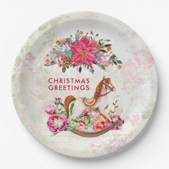 Assiettes En Carton Cheval rocheux victorien et Poinsettia Noël (Devant)