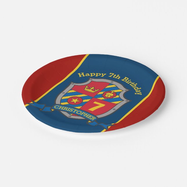 Assiettes En Carton Chevalier bouclier 7e anniversaire rouge fête plaq (Angle)
