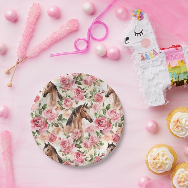 Assiettes En Carton Chevaux Jolies Roses Roses Roses Florales Annivers (Fête)