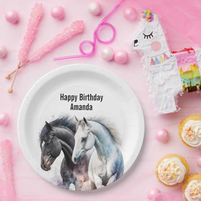 Assiettes En Carton Chevaux noir et blanc en aquarelle Anniversaire (Fête)