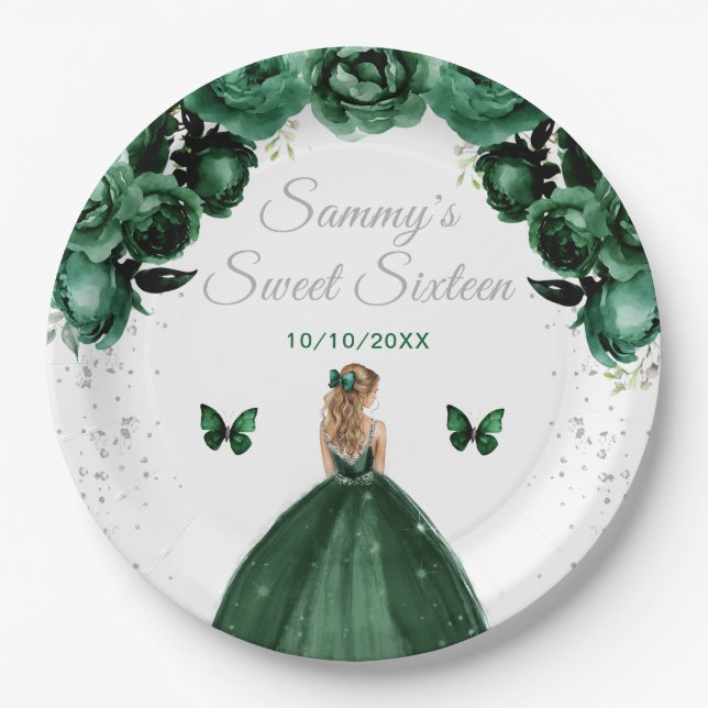 Assiettes En Carton Cheveux Blonde Vert foncé Princesse Sweet sixteen (Devant)