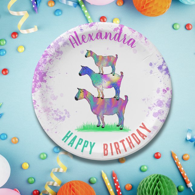 Assiettes En Carton Chèvres fête d'anniversaire personnalisée (Cute goat farm animal themed birthday party colorful watercolor animal art)