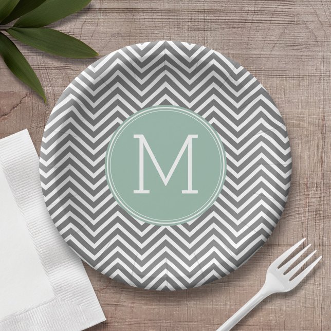 Assiettes En Carton Chevron Charbon et Vert Menthe avec Monogramme Per (Personalized birthday plate with monogram)