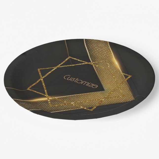 Assiettes En Carton Chevron Noir Et Or (Angle)