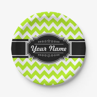 Assiettes En Carton Chevron vert citron avec nom personnalisé noir