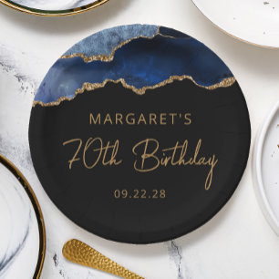 Assiettes En Carton Chic Agate Navy Blue Gold 70e fête d'anniversaire